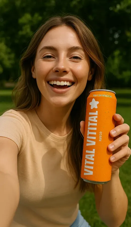 Mujer sonriendo con una lata naranja